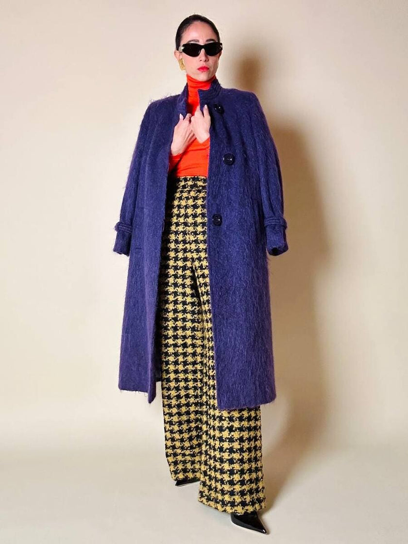 Pantalone a palazzo giallo e nero in lana bouclé fantasia pied de coque “Weili Zheng”