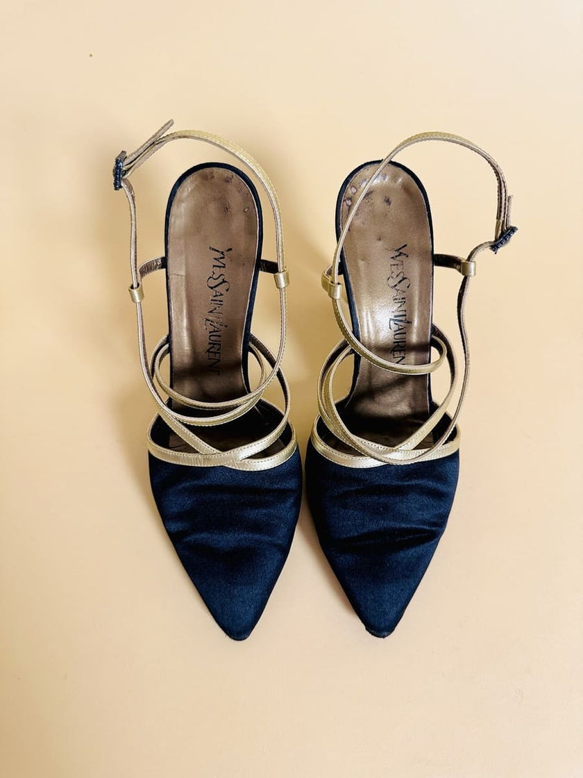 Scarpe in raso nero e pelle oro 