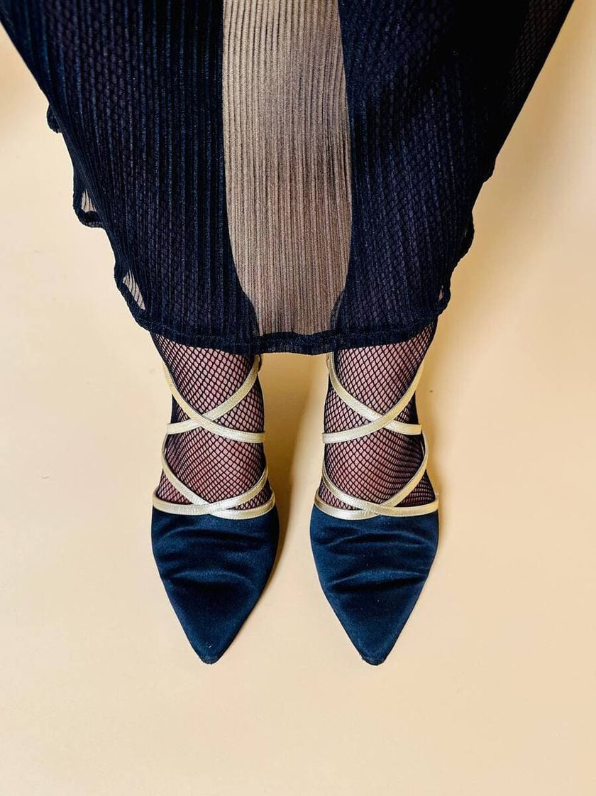 Scarpe in raso nero e pelle oro 