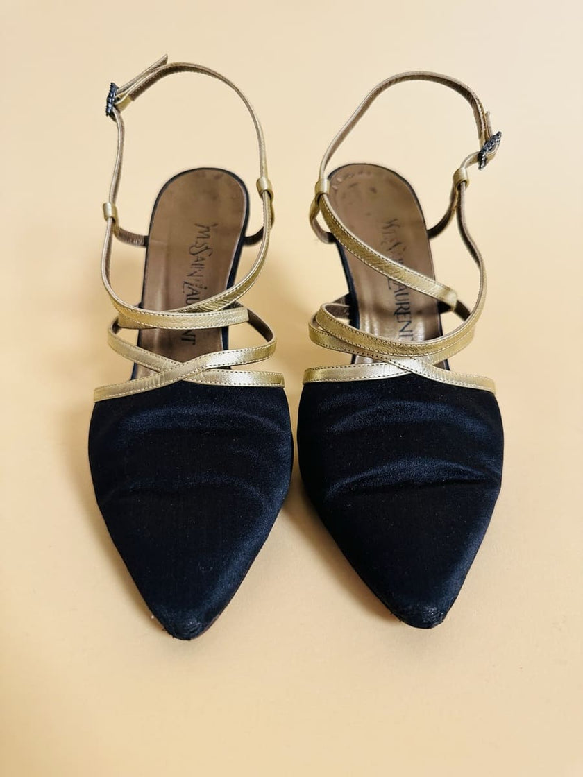 Scarpe in raso nero e pelle oro 