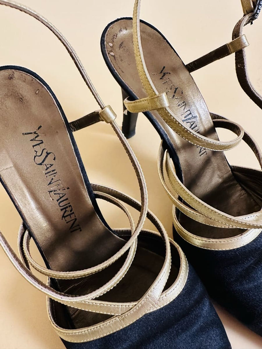 Scarpe in raso nero e pelle oro 