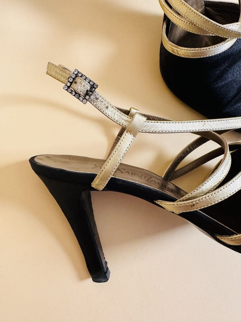 Scarpe in raso nero e pelle oro 