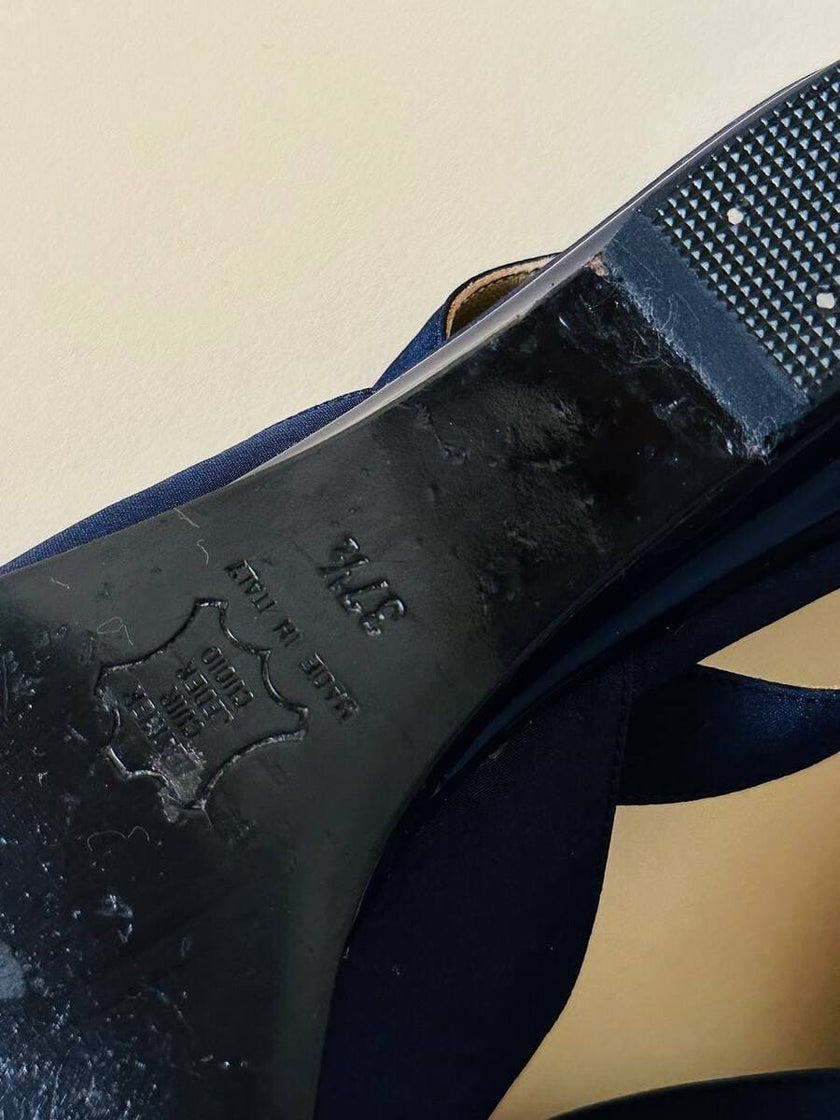 Slingback vintage Yves Saint Laurent blu notte con cuori gioiello dorati