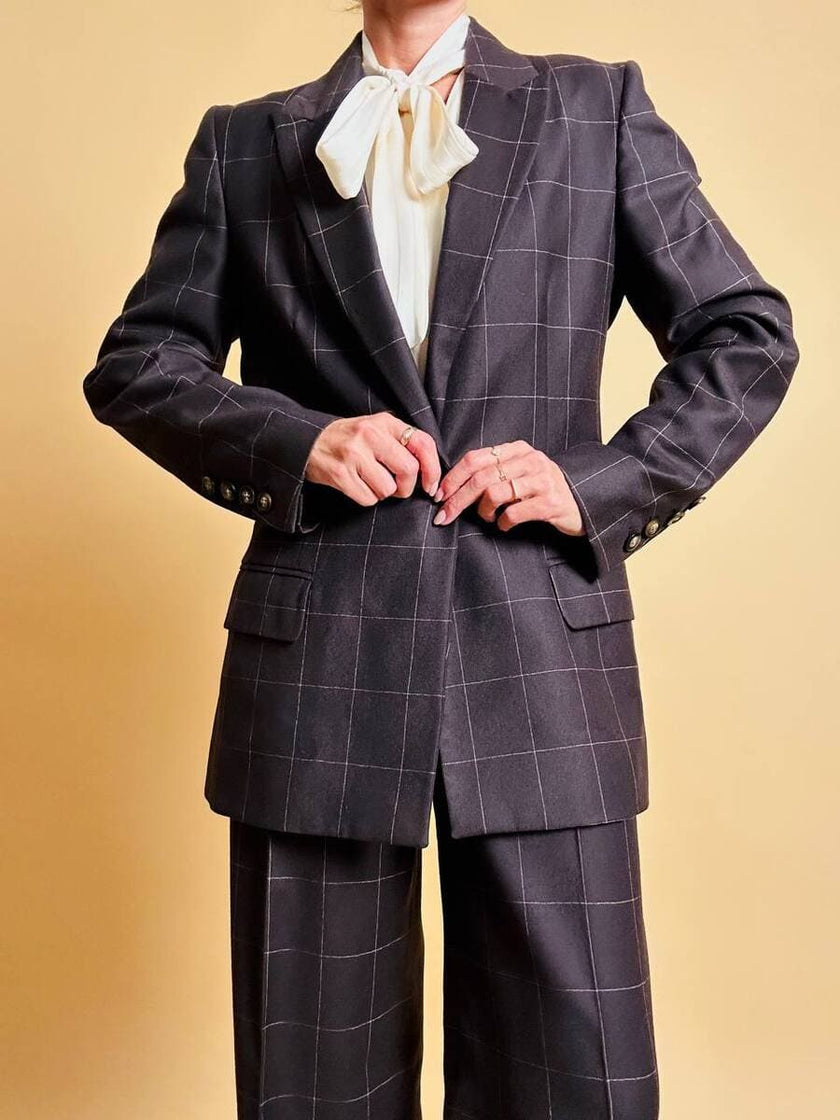 Tailleur “Genny” in rasato di lana misto cachemire color ebano fantasia finestrata