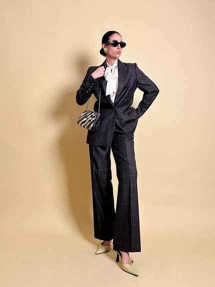 Tailleur “Genny” in rasato di lana misto cachemire color ebano fantasia finestrata