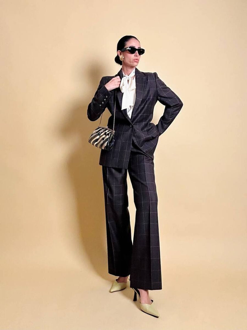 Tailleur “Genny” in rasato di lana misto cachemire color ebano fantasia finestrata