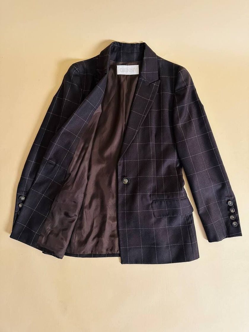 Tailleur “Genny” in rasato di lana misto cachemire color ebano fantasia finestrata