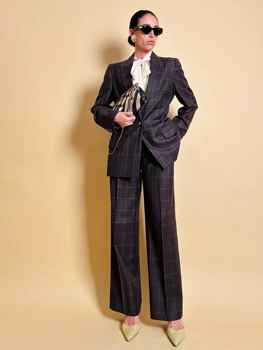 Tailleur “Genny” in rasato di lana misto cachemire color ebano fantasia finestrata