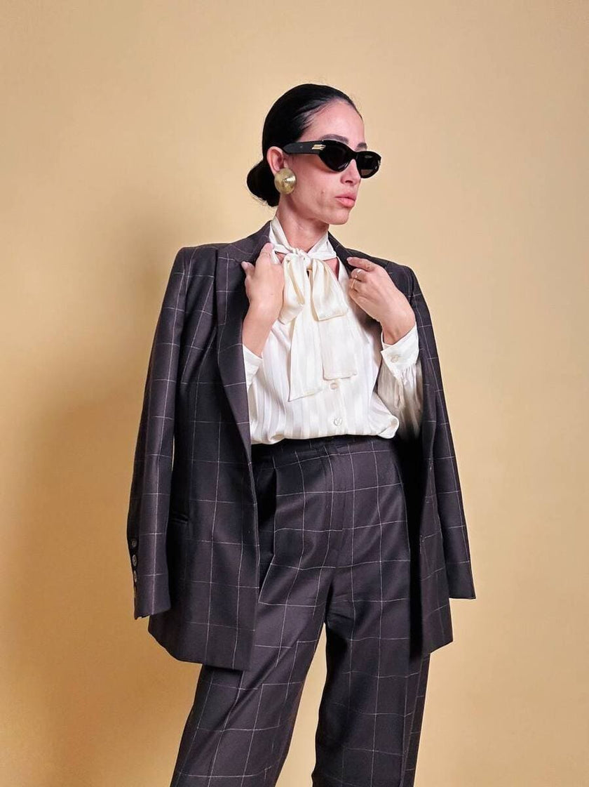 Tailleur “Genny” in rasato di lana misto cachemire color ebano fantasia finestrata