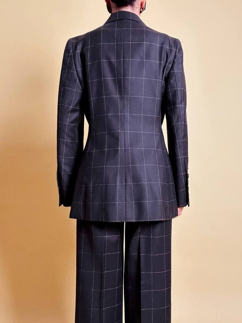 Tailleur “Genny” in rasato di lana misto cachemire color ebano fantasia finestrata