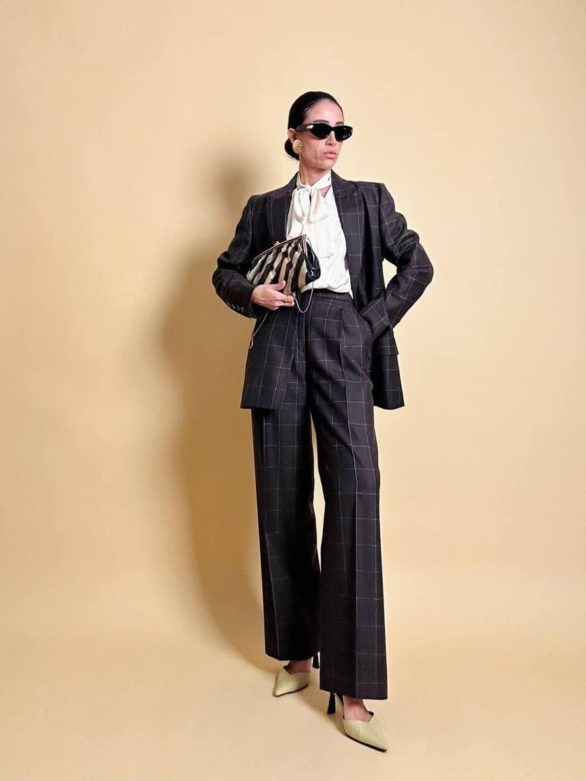 Tailleur “Genny” in rasato di lana misto cachemire color ebano fantasia finestrata