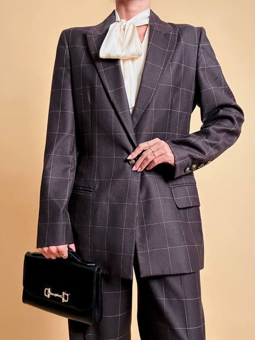 Tailleur “Genny” in rasato di lana misto cachemire color ebano fantasia finestrata