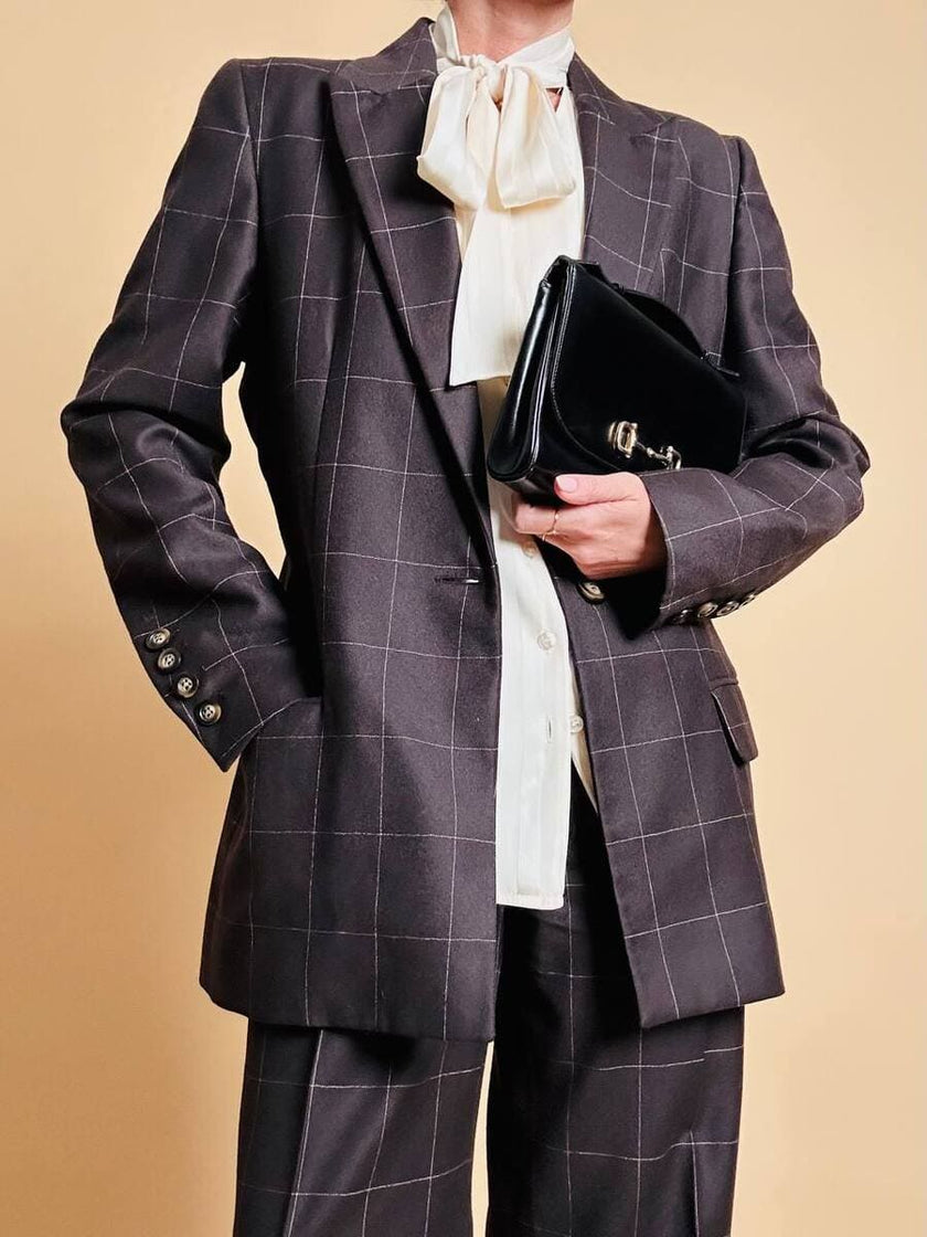 Tailleur “Genny” in rasato di lana misto cachemire color ebano fantasia finestrata