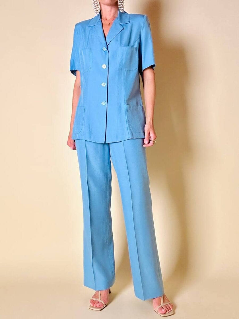 Tailleur sartoriale giacca/pantalone in seta grezza azzurro cielo