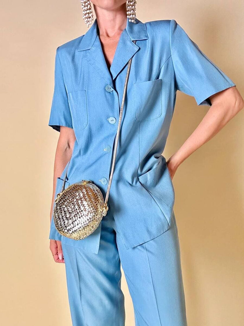Tailleur sartoriale giacca/pantalone in seta grezza azzurro cielo