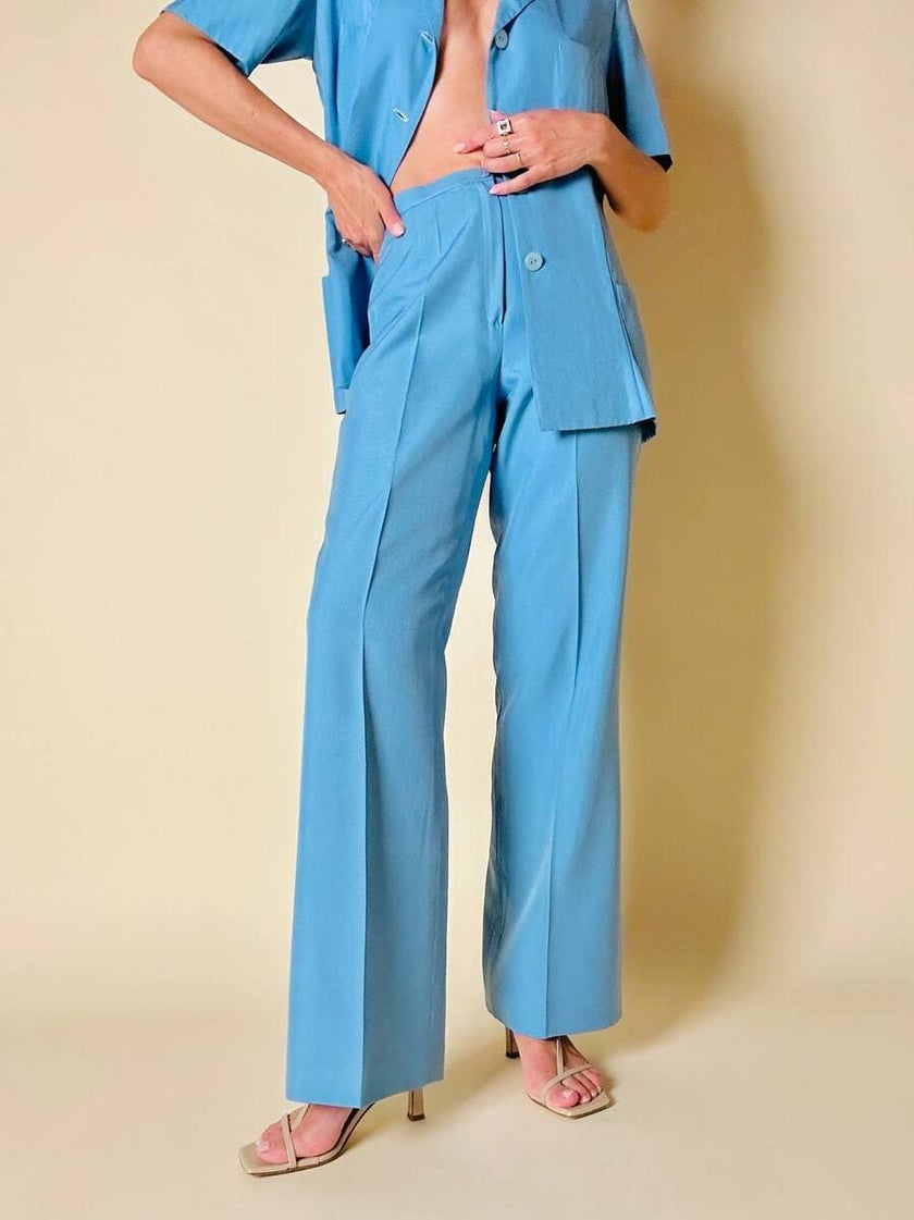 Tailleur sartoriale giacca/pantalone in seta grezza azzurro cielo