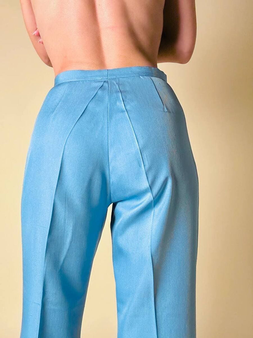 Tailleur sartoriale giacca/pantalone in seta grezza azzurro cielo