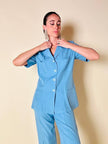 Tailleur sartoriale giacca/pantalone in seta grezza azzurro cielo