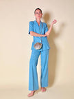 Tailleur sartoriale giacca/pantalone in seta grezza azzurro cielo
