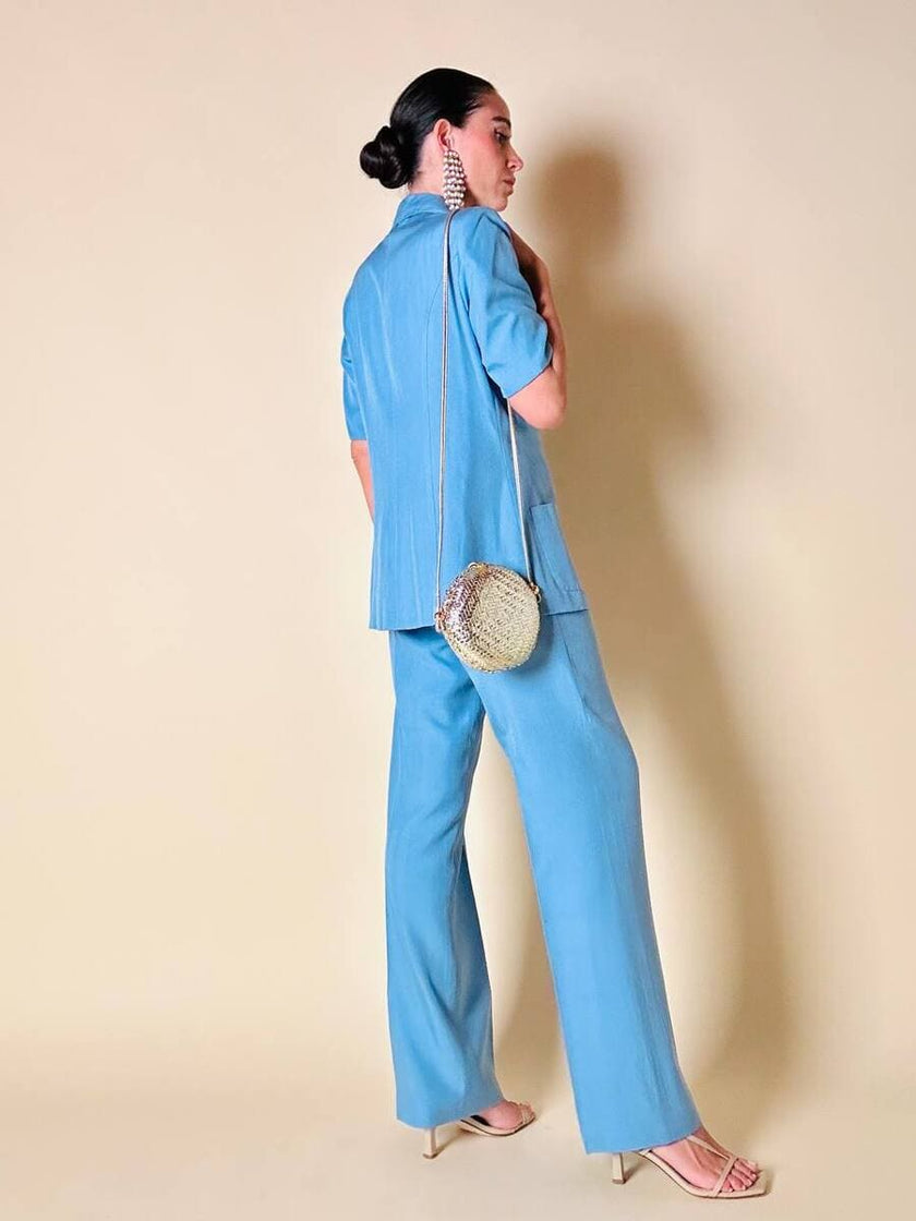 Tailleur sartoriale giacca/pantalone in seta grezza azzurro cielo