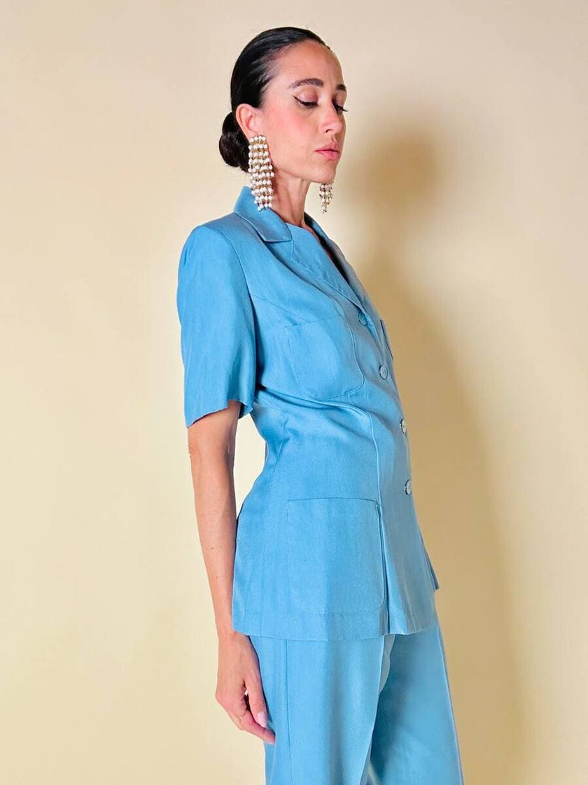 Tailleur sartoriale giacca/pantalone in seta grezza azzurro cielo