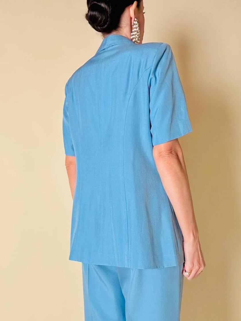 Tailleur sartoriale giacca/pantalone in seta grezza azzurro cielo
