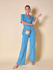 Tailleur sartoriale giacca/pantalone in seta grezza azzurro cielo