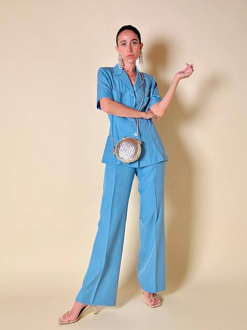 Tailleur sartoriale giacca/pantalone in seta grezza azzurro cielo