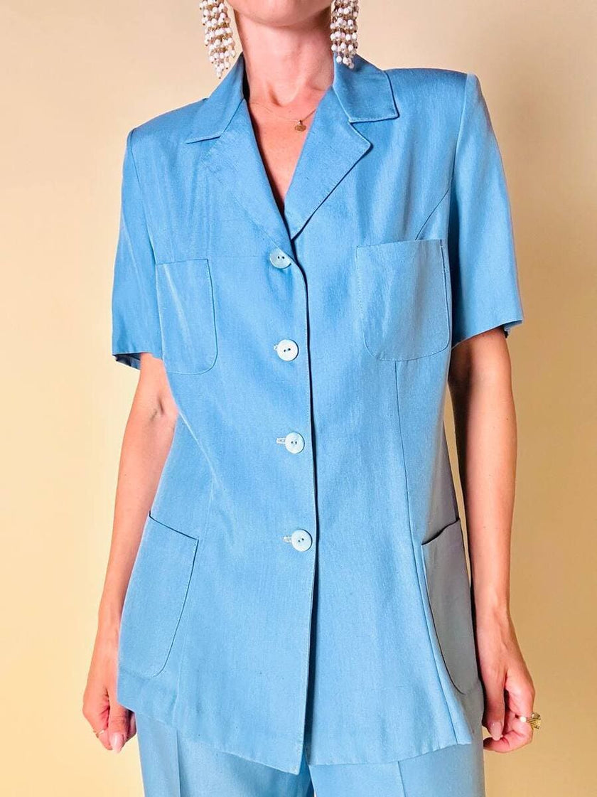 Tailleur sartoriale giacca/pantalone in seta grezza azzurro cielo