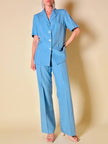Tailleur sartoriale giacca/pantalone in seta grezza azzurro cielo