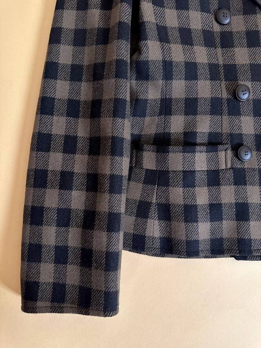 Tailleur “Yves Saint Laurent” in lana a scacchi neri e fango con riporti di velluto