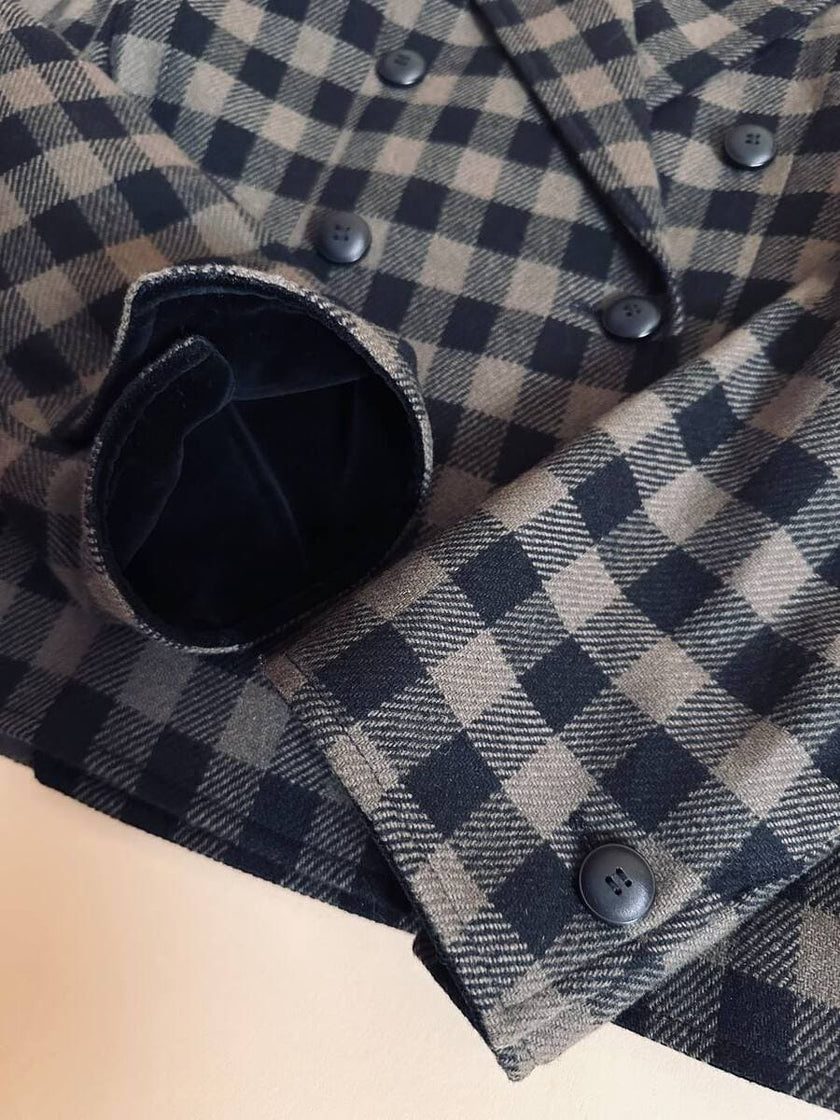 Tailleur “Yves Saint Laurent” in lana a scacchi neri e fango con riporti di velluto