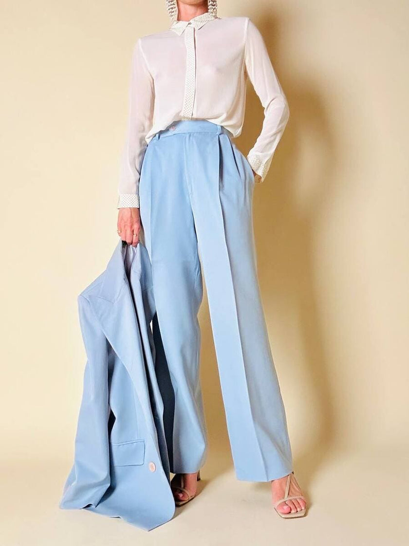 Tailleur giacca/pantalone in fresco di lana celeste “Guy Laroche”