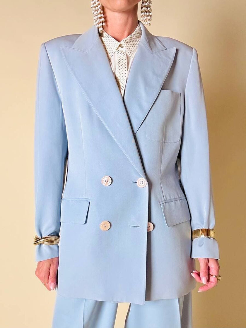 Tailleur giacca/pantalone in fresco di lana celeste “Guy Laroche”