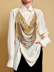 Top vintage a fazzoletto in maglia metallica dorata con lacci in pelle laminata oro