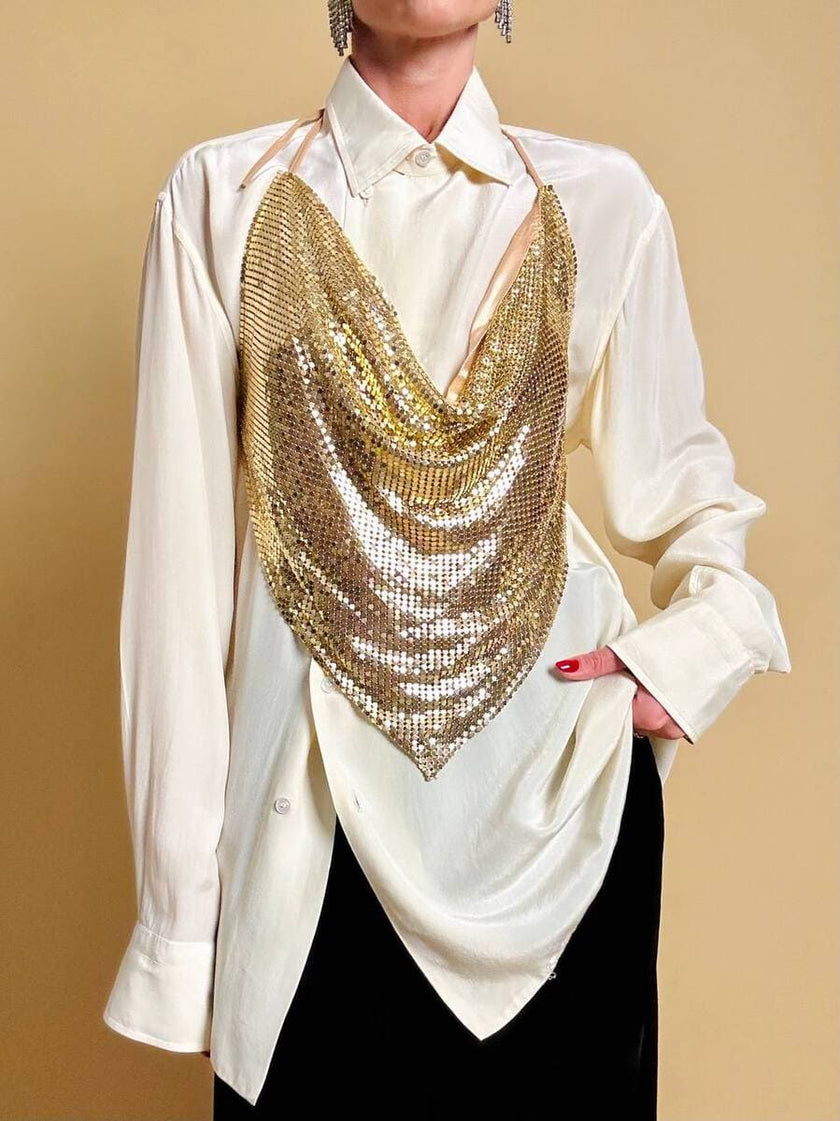 Top vintage a fazzoletto in maglia metallica oro