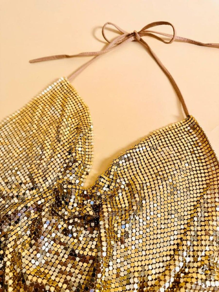 Top vintage a fazzoletto in maglia metallica oro