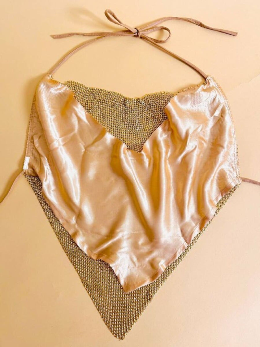 Top vintage a fazzoletto in maglia metallica oro