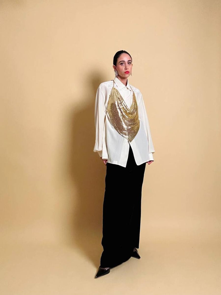 Top vintage a fazzoletto in maglia metallica oro