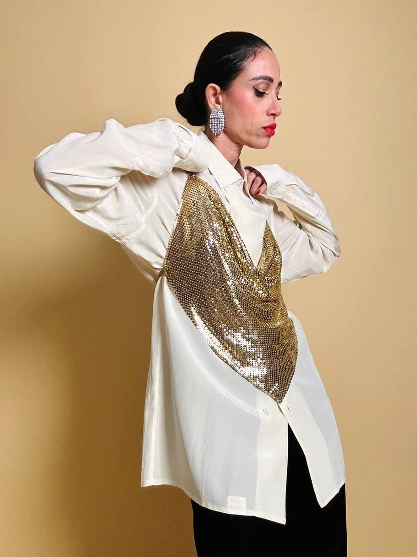Top vintage a fazzoletto in maglia metallica oro