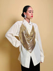 Top vintage a fazzoletto in maglia metallica dorata con lacci in pelle laminata oro
