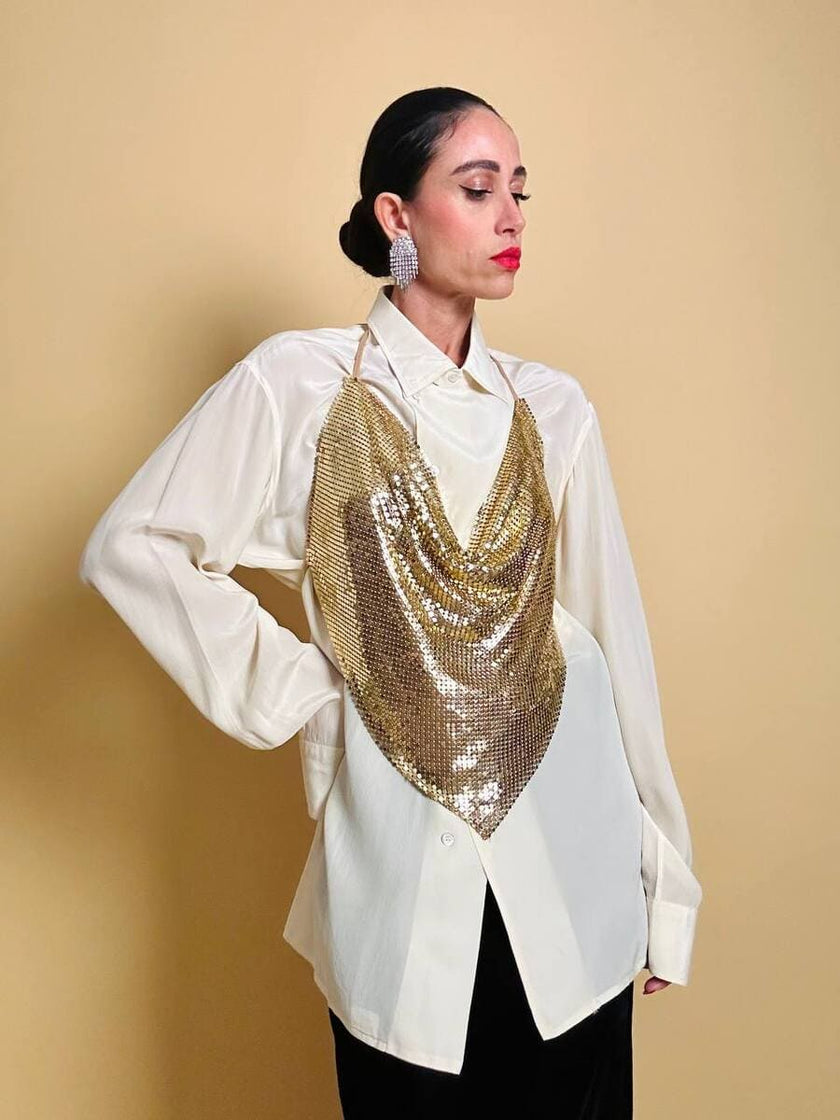 Top vintage a fazzoletto in maglia metallica oro