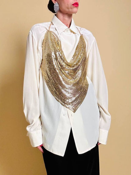 Top vintage a fazzoletto in maglia metallica dorata con lacci in pelle laminata oro
