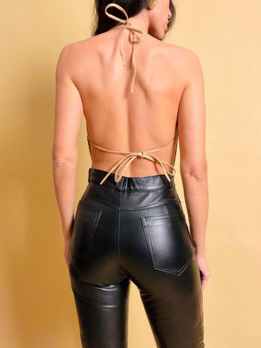 Top vintage a fazzoletto in maglia metallica dorata con lacci in pelle laminata oro