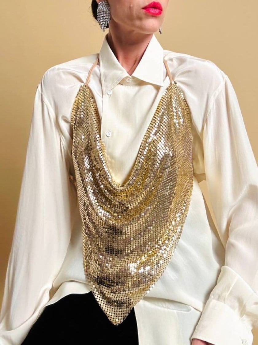 Top vintage a fazzoletto in maglia metallica oro