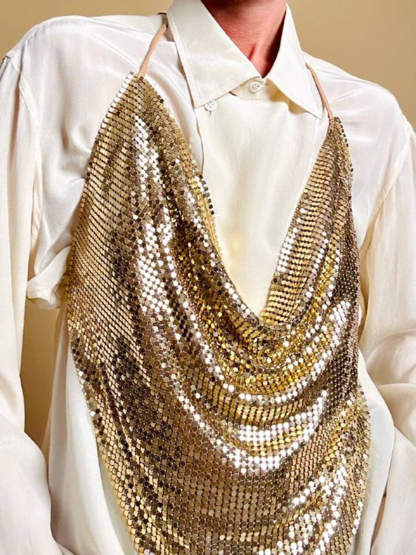 Top vintage a fazzoletto in maglia metallica dorata con lacci in pelle laminata oro