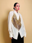 Top vintage a fazzoletto in maglia metallica dorata con lacci in pelle laminata oro