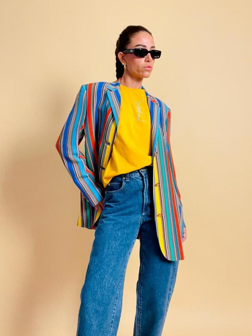 Blazer in crèpe di seta a righe multicolor 