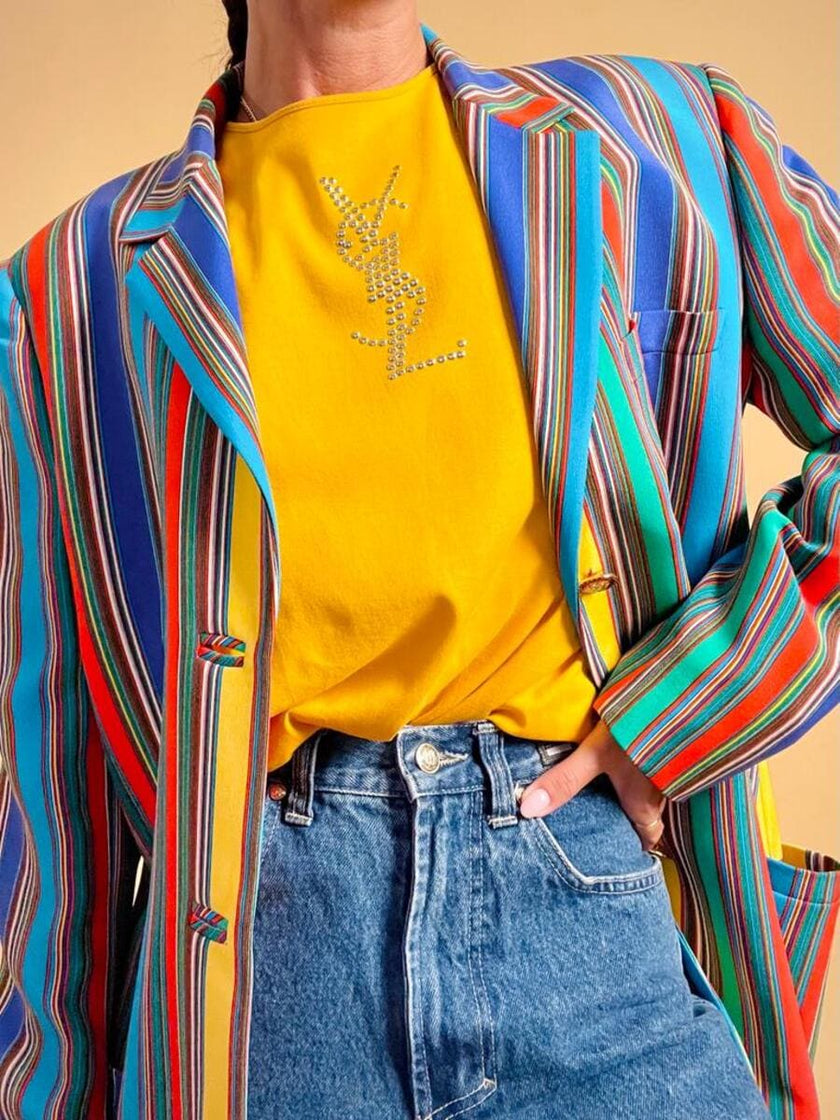Blazer in crèpe di seta a righe multicolor 