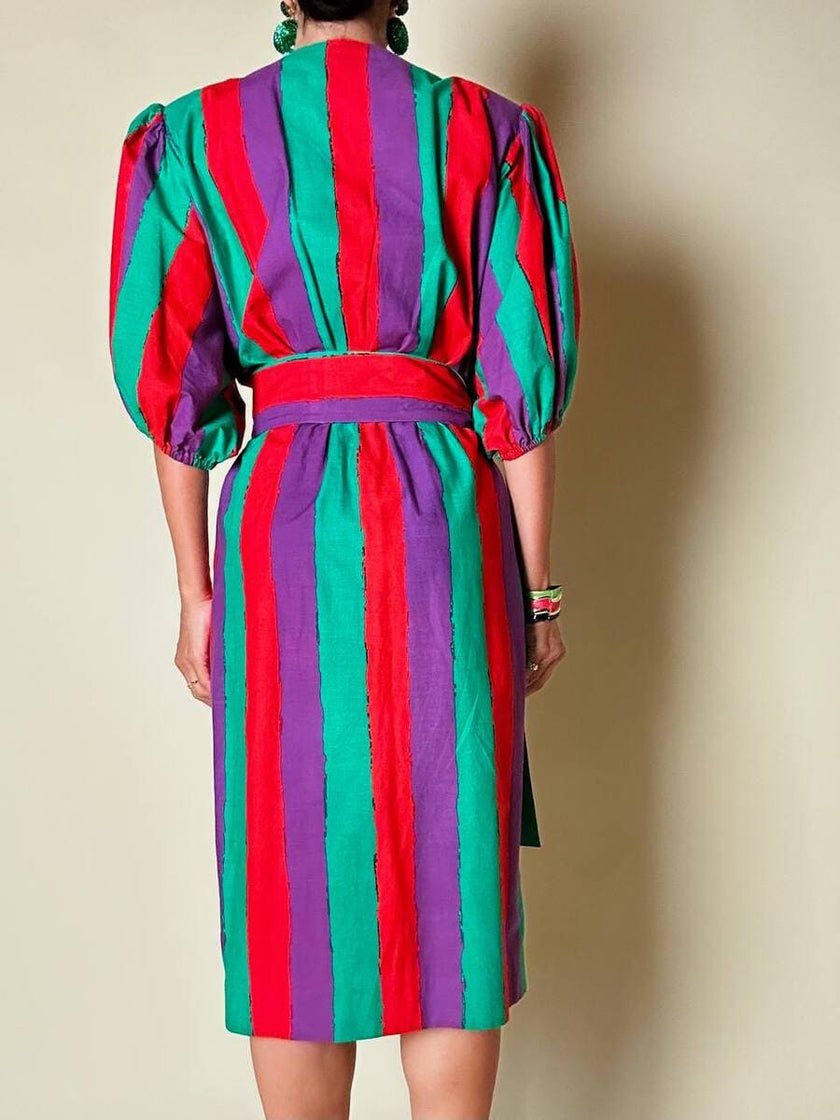 Wrap dress a righe multicolor con fusciacca in coordinato “Yves Saint Laurent”